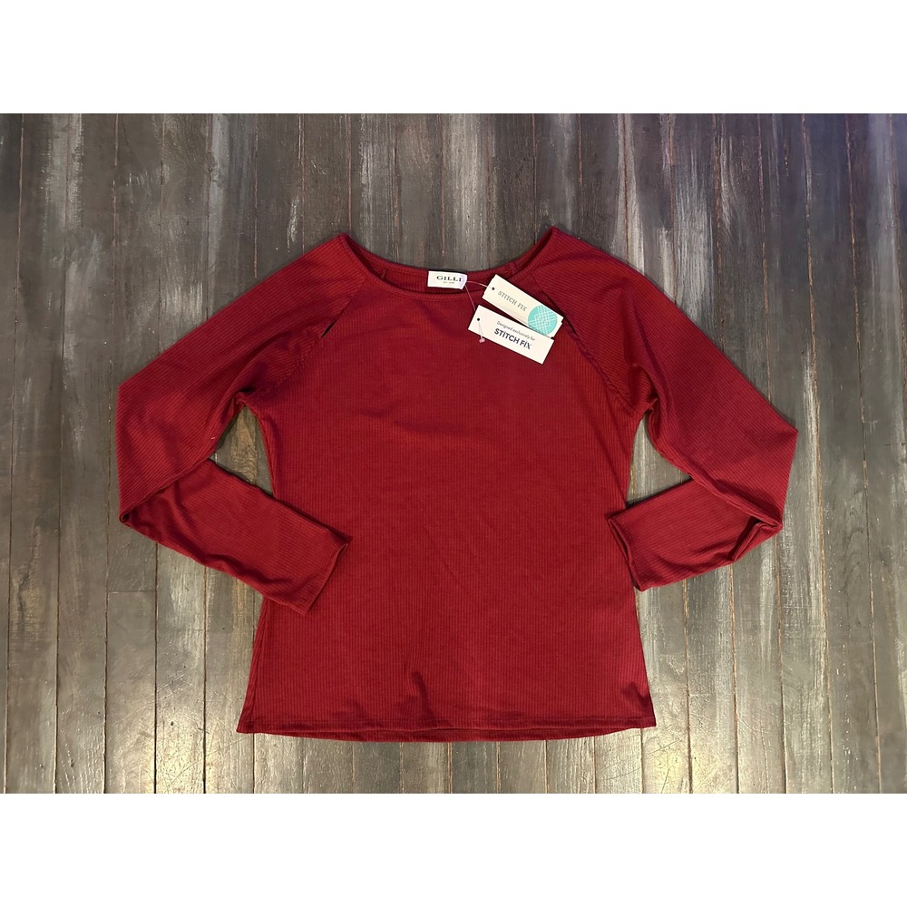 Gilli Garnet Cut Out Shoulder Knit Top Burgundy Ribbed Long Sleeve Stitch Fix